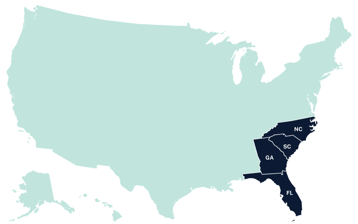 Map of Florida, Georgia, South Carolina and North Carolina